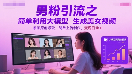男粉引流之简单利用大模型生成美女视频，条条原创爆款，简单上传制作，变现日1k+-鸿洪资源网
