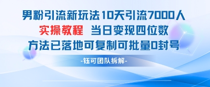 男粉引流新玩法10天引流7000人当日变现四位数可复制可批量0封号-鸿洪资源网