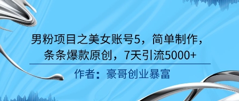 男粉项目之美女账号5，简单制作，条条爆款原创，7天引流5000+-鸿洪资源网