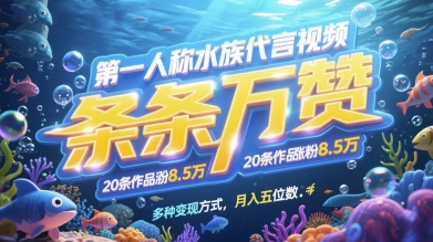 第一人称水族代言视频，条条万赞，20条作品涨粉7.8W，多种变现方式月入五位数-鸿洪资源网
