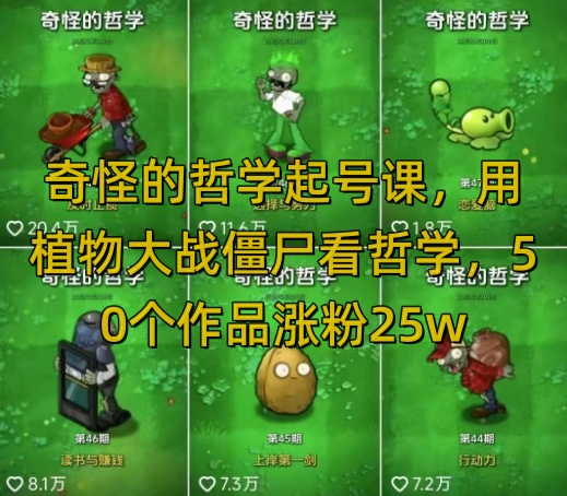 奇怪的哲学起号课，用植物大战僵尸看哲学，50个作品涨粉25w，暴力撸收益，全平台均可发布-鸿洪资源网