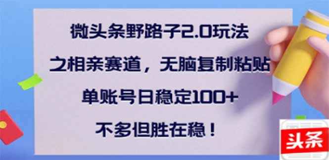 微头条野路子2.0玩法之相亲赛道，无脑搬砖复制粘贴，单账号日稳定300+…-鸿洪资源网