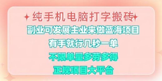 纯手机电脑打字搬砖，有手就行，几秒一单，多劳多得，正规项目大平台【揭秘】-鸿洪资源网