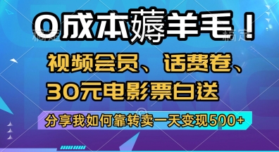 0成本薅羊毛!视频会员、话费卷、30元电影票白送，分享我如何靠转卖一天变现5张+【揭秘】-鸿洪资源网