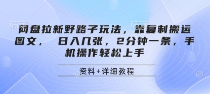 网盘拉新野路子玩法，靠复制搬运图文， 日入几张，2分钟一条，手机操作轻松上手-鸿洪资源网