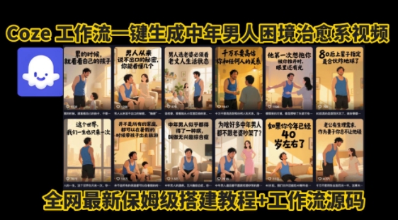 coze工作流一键生成”中年男人困境扎心高涨粉高播放量图文视频”保姆级拆解教程，无需剪辑，无需拍摄写文案-鸿洪资源网