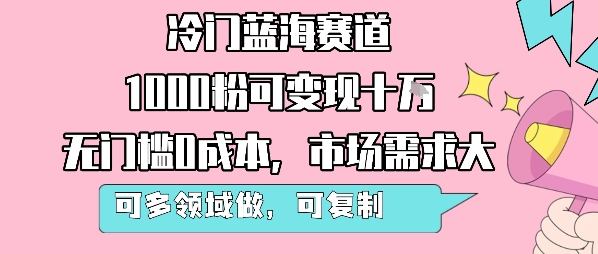 冷门蓝海赛道，1000粉可变现十W，无门槛0成本，市场需求大，可多领域做，可复制性强-鸿洪资源网
