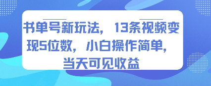 书单号新玩法，13条视频变现5位数，小白操作简单，当天可见收益-鸿洪资源网