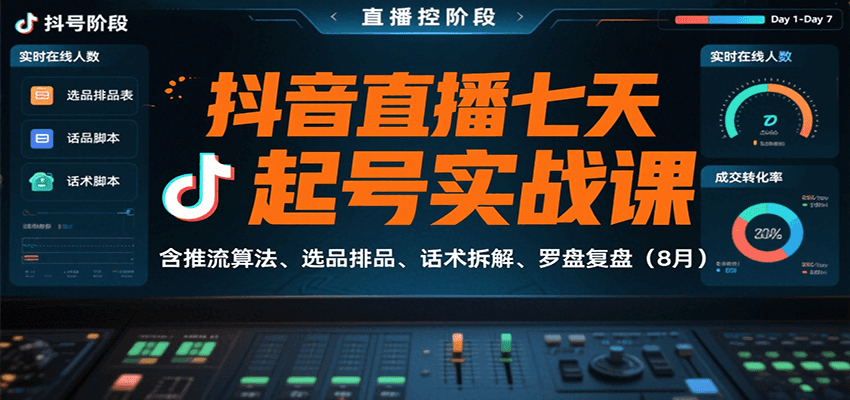 抖音直播七天起号实战课：含推流算法、选品排品、话术拆解、罗盘复盘(8月)-鸿洪资源网