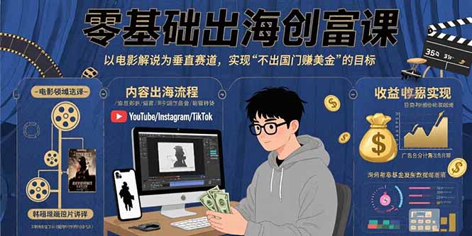 零基础出海创富课：以电影解说为垂直赛道，实现不出国门赚美金的目标-鸿洪资源网