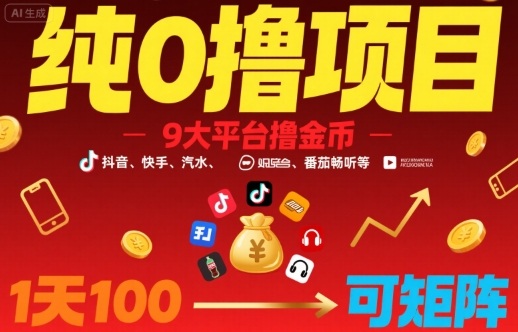 纯0撸项目，9大平台撸金币，抖音，快手，汽水，番茄畅听等，1天100，可矩阵-鸿洪资源网