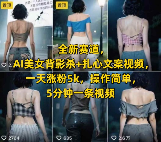 全新赛道，AI美女背影杀+扎心文案视频，一天涨粉5k，操作简单，5分钟一条视频-鸿洪资源网