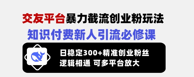 交友平台暴力截流创业粉玩法，知识付费新人引流必修课，日稳定300+精准创业粉丝，逻辑相通可多平台放大-鸿洪资源网