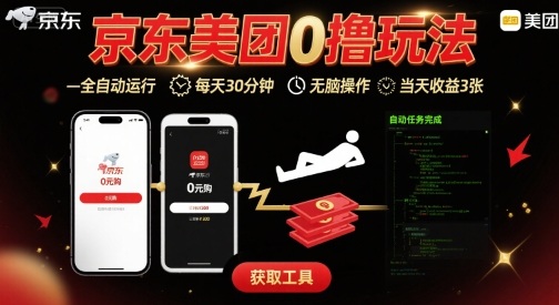 京东美团平台最新0撸玩法，全自动挂G，每天30分钟，无脑操作，当天收益3张【揭秘】-鸿洪资源网