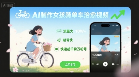 AI制作女孩骑单车治愈视频，流量大，起号快，快速起千粉万粉号-鸿洪资源网
