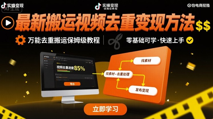 最新搬运视频去重变现方法，万能去重搬运保姆级教程-鸿洪资源网