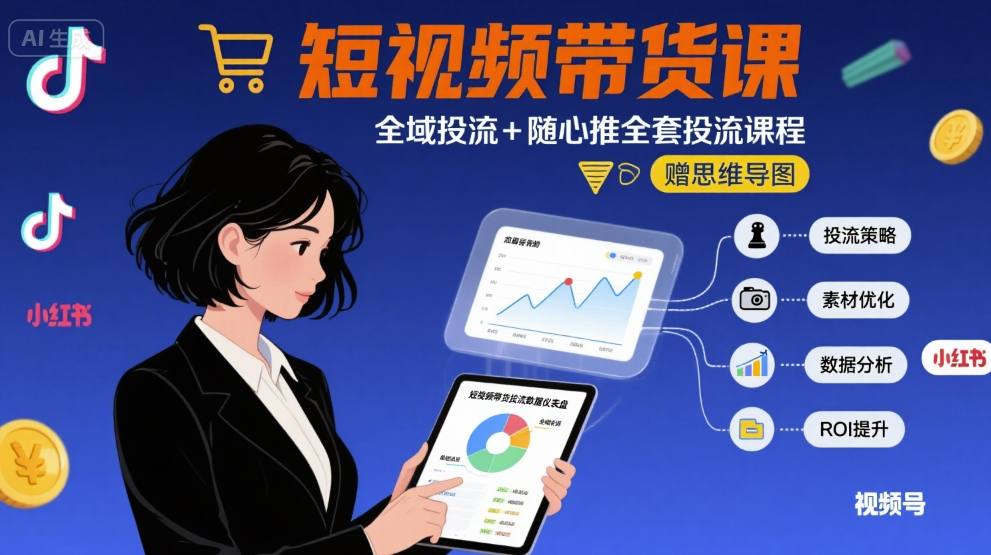 最新短视频带货课，全域投流+随心推全套投流课程+思维导图-鸿洪资源网
