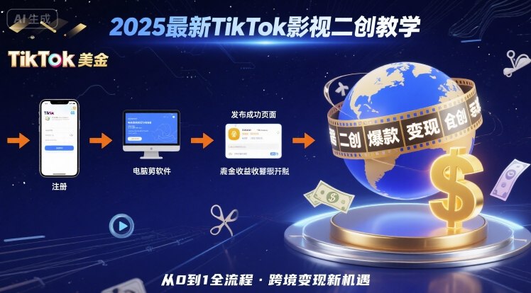 2025年最新TikTok影视二创教学，从注册到发布撸美金全流程，跨境变现新机遇-鸿洪资源网