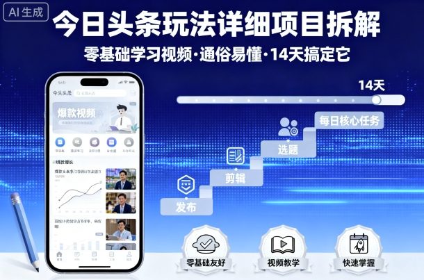今日头条玩法详细项目拆解，零基础学习视频 通俗易懂 14天搞定它-瀚洪创业网