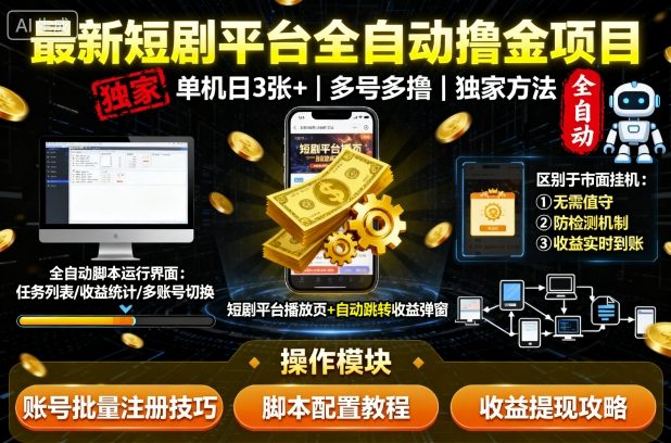 最新短剧平台全自动挂G撸金项目，单机一天3张+，多号多撸，区别于市面所有挂机项目，独家方法【揭秘】-瀚洪创业网