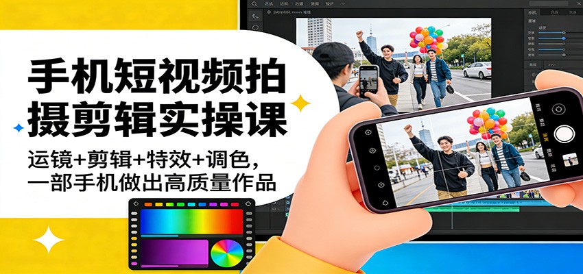 手机短视频拍摄剪辑实操课：运镜+剪辑+特效+调色，一部手机做出高质量作品-瀚洪创业网