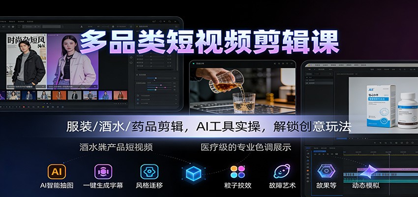 多品类短视频剪辑课：服装/酒水/药品剪辑，AI工具实操，解锁创意玩法-瀚洪创业网