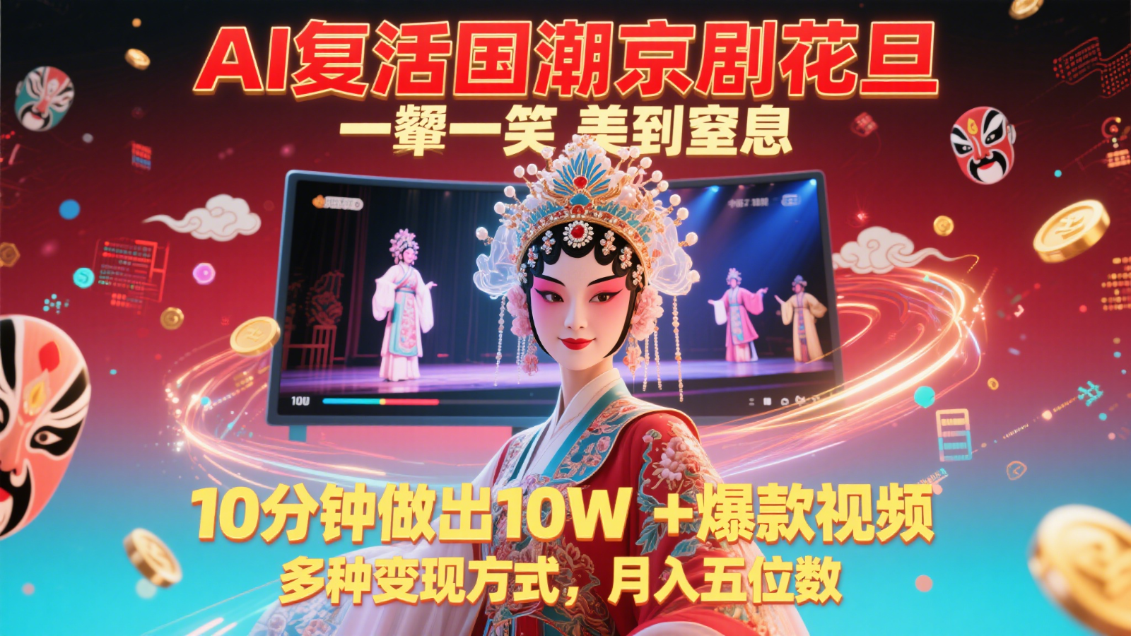 AI复活国潮京剧花旦，一颦一笑美到窒息，10分钟做出10W+爆款视频，多种变现方式-瀚洪创业网