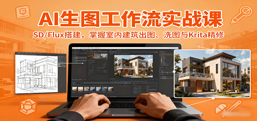 AI生图工作流实战课：SD/Flux搭建，掌握室内建筑出图、洗图与Krita精修-瀚洪创业网