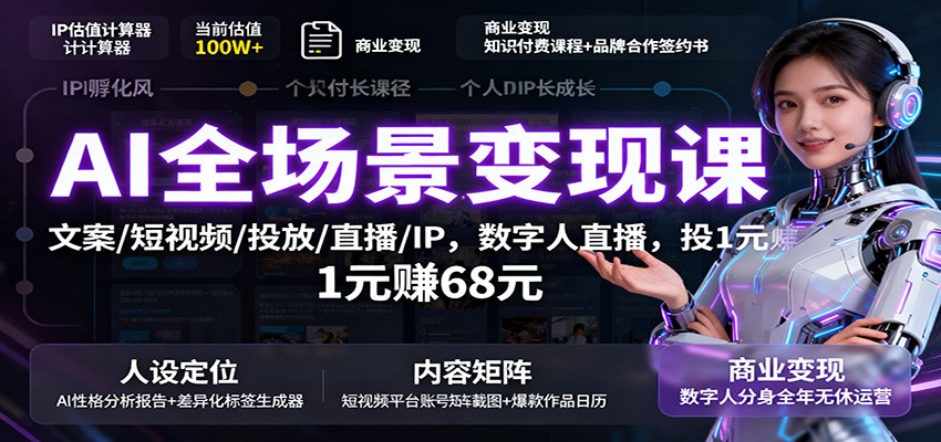 AI全场景变现课：文案/短视频/投放/直播/IP，数字人直播，投1元赚68元-瀚洪创业网