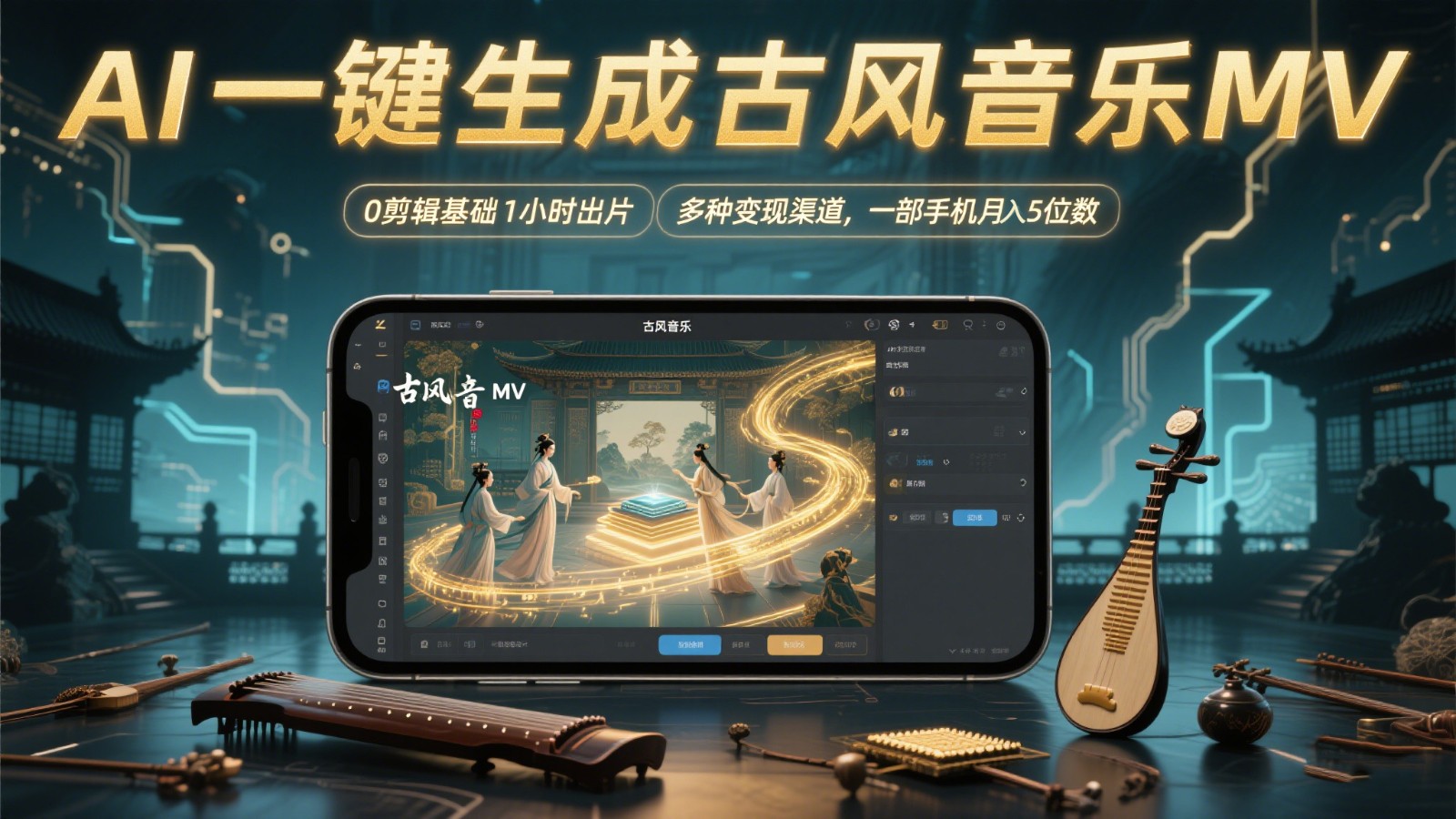 AI一键生成古风音乐MV，0剪辑基础1小时出片，多种变现渠道，一部手机月入5位数-瀚洪创业网