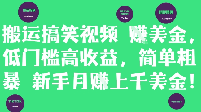 搬运搞笑视频挣美金，低门槛高收益，简单粗暴新手月入上千美刀-瀚洪创业网