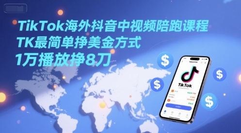 TikTok海外抖音中视频陪跑课程，TK最简单挣美金方式，1万播放挣8刀-瀚洪创业网