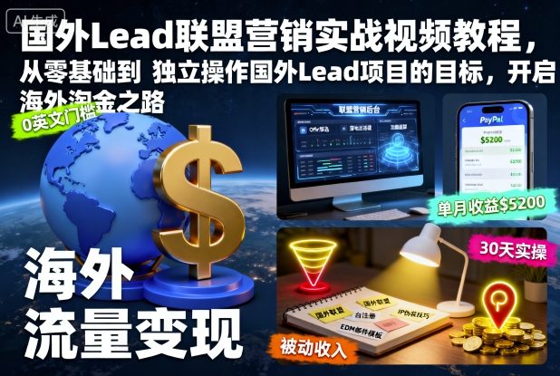 国外Lead联盟营销实战视频教程，从零基础到独立操作国外Lead项目的目标，开启海外淘金之路-瀚洪创业网