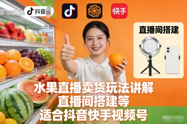 水果直播卖货玩法讲解、直播间搭建等，适合抖音快手视频号-瀚洪创业网