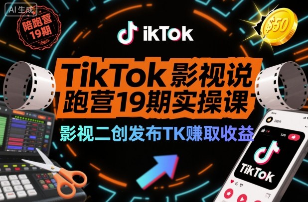 TikTok影视解说陪跑营19期实操课，影视二创发布TK賺取收益，万播收益50美金-瀚洪创业网