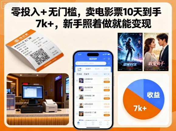 零投入+无门槛，卖电影票10天到手7k+，新手照着做就能变现【揭秘】-瀚洪创业网