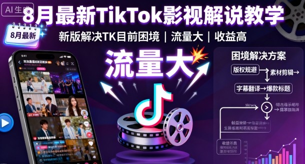 8月最新TikTok影视解说教学，新版解决TK目前困境，流量大，收益高-瀚洪创业网