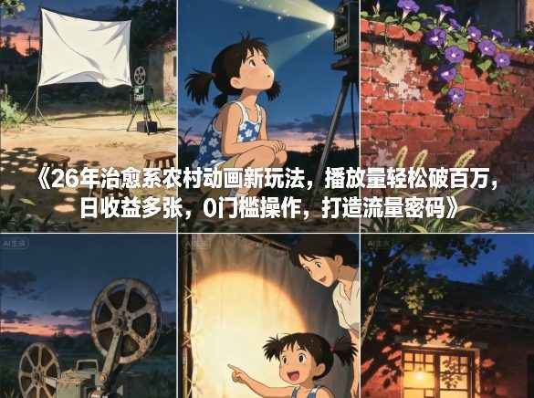 26年治愈系农村动画新玩法，播放量轻松破百万，日收益多张，0门槛操作，打造流量密码-瀚洪创业网