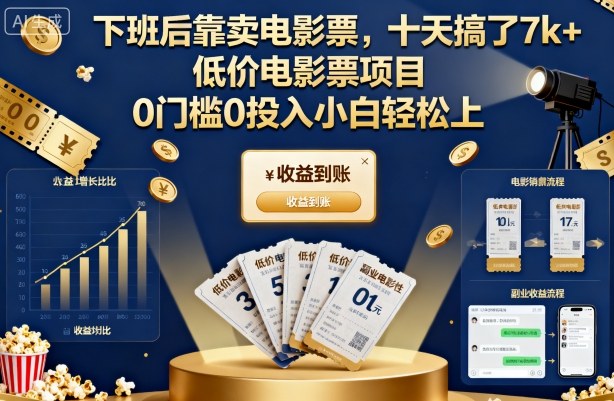 下班后靠卖电影票，十天搞了7k+，低价电影票项目，0门槛0投入小白轻松上手【揭秘】-瀚洪创业网