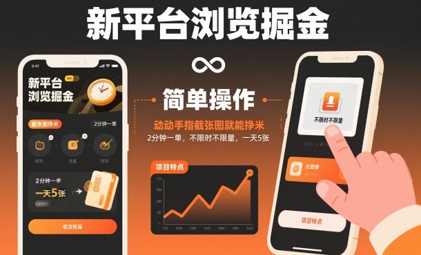 新平台浏览掘金，动动手指截张图就能挣米，2分钟一单，不限时不限量，一天5张【揭秘】-瀚洪创业网
