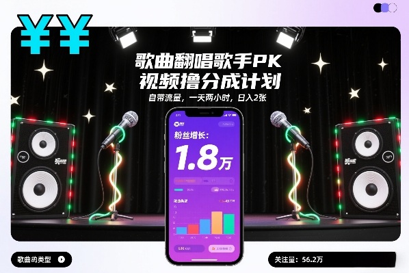 歌曲翻唱歌手PK视频撸分成计划，自带流量，一天两小时，日入2张-瀚洪创业网