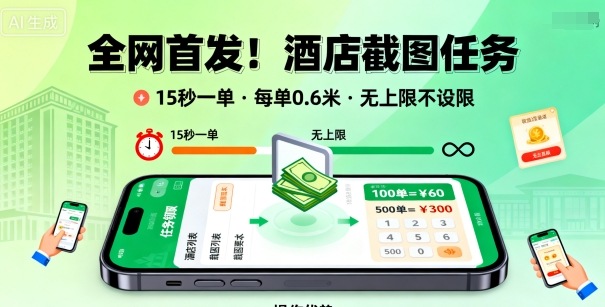 全网首发！酒店截图任务，15秒一单，每单0.6米，任务无上限不设限，矩阵操作单日3张到手【揭秘】-瀚洪创业网