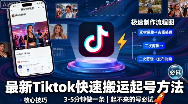 最新Tiktok快速搬运快速起号方法，3-5分钟做一条，起不来的号可以试试-瀚洪创业网