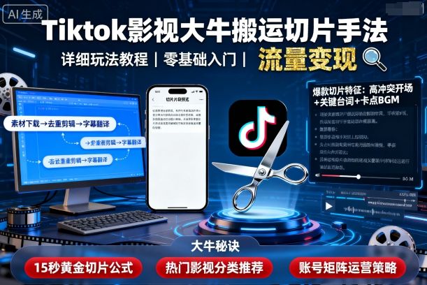 Tiktok影视大牛搬运切片手法，详细玩法教程-瀚洪创业网