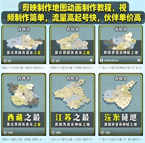 剪映制作地图动画制作教程，视频制作简单，流量高起号快，伙伴单价高-瀚洪创业网