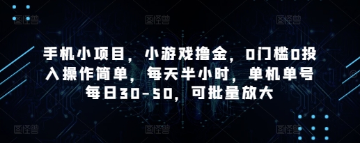 手机小项目，小游戏撸金，0门槛0投入操作简单，每天半小时，单机单号每日30-50，可批量放大-瀚洪创业网