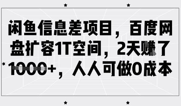 闲鱼信息差项目，百度网盘扩容1T空间，2天收益1k+，人人可做0成本-瀚洪创业网