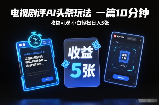 电视剧评AI头条玩法，一篇10分钟，收益可观，小白轻松日入5张+【独家】-瀚洪创业网