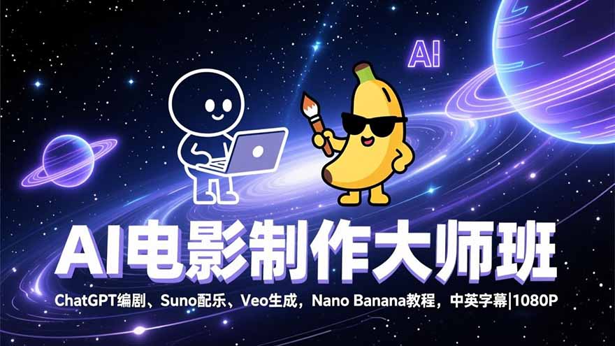 AI电影制作大师班：ChatGPT编剧、Suno配乐、Veo生成，Nano Banana教程，中英字幕|1080P-瀚洪创业网