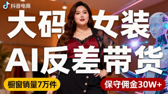 抖音小众赛道，大码女装AI反差带货，不用直播，每天6条作品，橱窗卖7万件，保守佣金30W+-瀚洪创业网